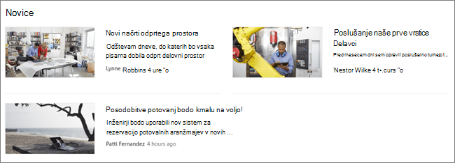 Posnetek zaslona spletnega dela »Novice« na SharePointovem mestu, kjer so bile filtrirane objave