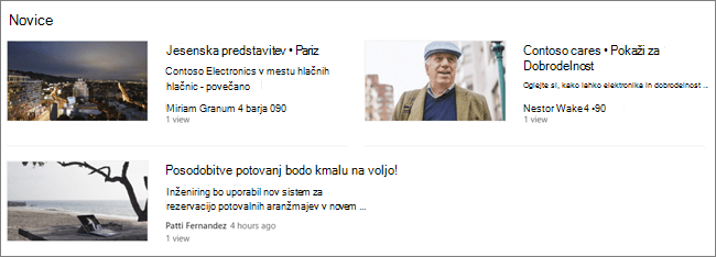 Posnetek zaslona spletnega dela »Novice« na SharePointovem mestu, kjer so bile filtrirane objave