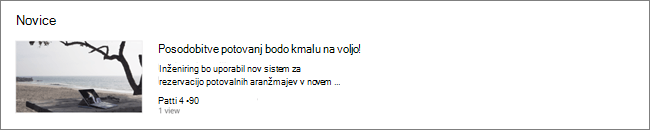 Posnetek zaslona spletnega dela »Novice« na SharePointovem mestu, kjer so bile filtrirane objave