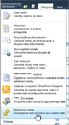 Nastavitve mesta v meniju z dejanji mesta