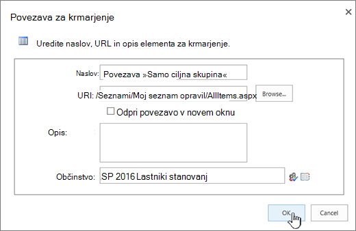 Lastnosti povezave za krmarjenje z označeno možnostjo »V redu«.