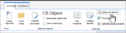 Zavihek »Datoteka« z označeno možnostjo »Zgodovina različic«
