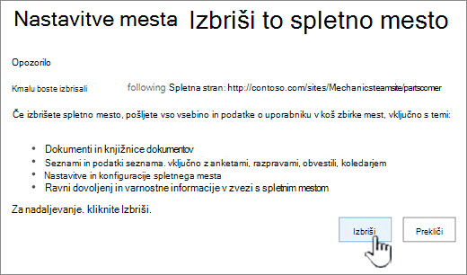 Kliknite Izbriši, če ste prepričani, da želite izbrisati podmesto