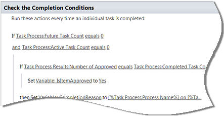 SharePoint Designer task process completion conditions editor showing approval count logic for the workflow