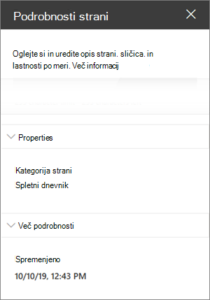 Podokno s podrobnostmi strani s kategorijo »Stran« spletnega dnevnika