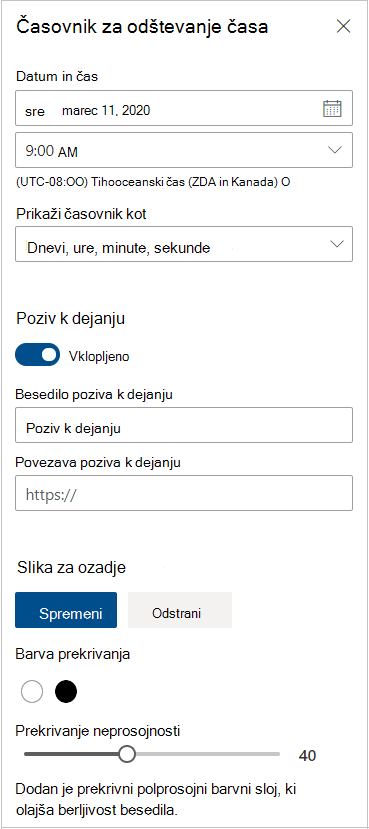 Nastavitve časovnika odštevanja