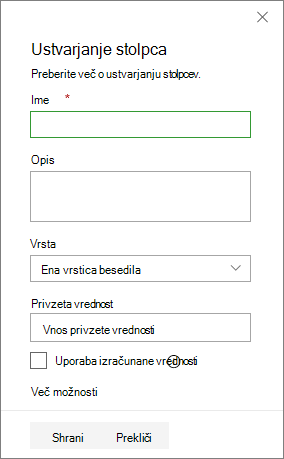 Podokno za ustvarjanje stolpca