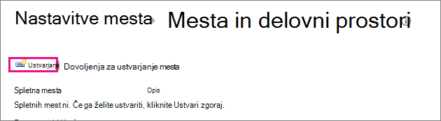 Povezava »Ustvarjanje mesta« v pogovornem oknu »Spletna mesta in delovna mesta«