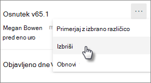Ukaz »Izbriši različico«