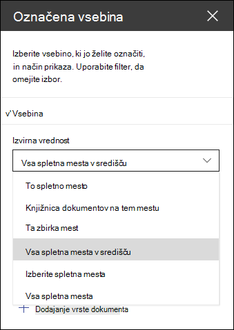 Podokno z orodji spletnega gradnika za označeno vsebino