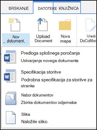 Meni »Nov dokument« s prilagojenimi vrstami vsebine v SharePointu