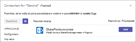 Pogovorno okno »Povezovalniki za Teams«, ki prikazuje povezovalnik SharePoint News z gumbom »Dodaj«
