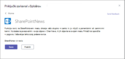 Pogovorno okno za konfiguracijo povezovalnika SharePoint News z gumbom Shrani za dokončanje nastavitve
