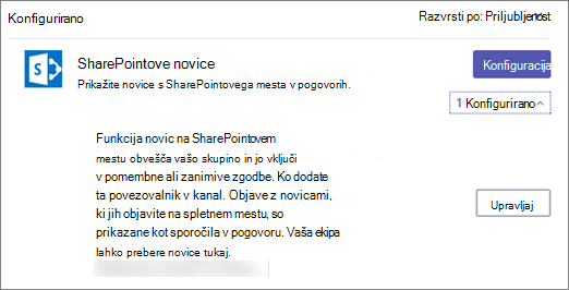 Pogovorno okno Povezovalniki aplikacij Teams, ki prikazuje SharePoint News kot 1 Konfigurirano z možnostjo Upravljanje za odstranitev