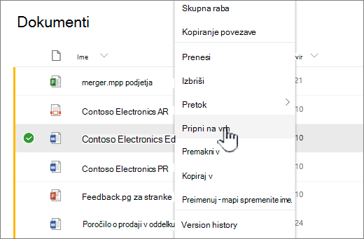Pripni na vrh v meniju »Datoteka«