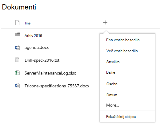 Spustni meni za dodajanje stolpcev v knjižnici dokumentov, ki je povezana s skupino