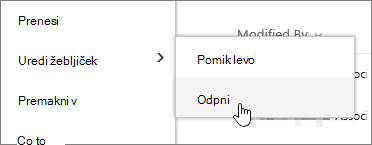 Označevanje datoteke z označenima možnostma »Uredi žebljiček« in »Odpni«