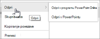 Meni treh pik »Datoteka« z označeno možnostjo »Odpri«