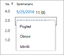 Možnosti zgodovine različic (ogled, obnovitev, brisanje)