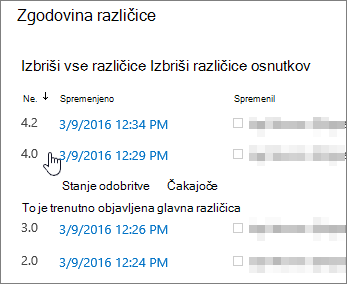 Zgodovina različic z eno izbrisano podrazličico