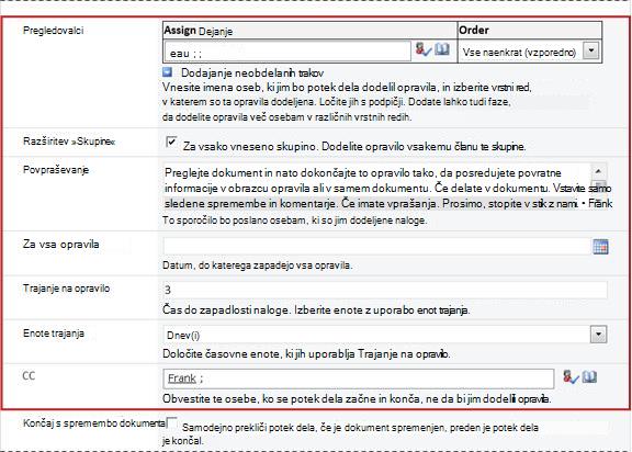 Druga stran obrazca povezave z določenimi polji obrazca za začetek