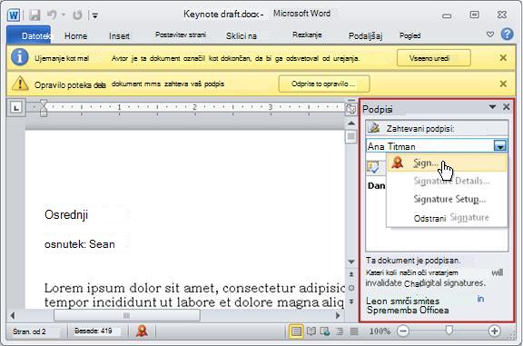 Element z odprtim podoknom »Podpisi«