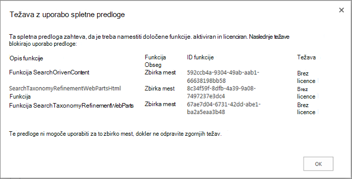 Posnetek zaslona sporočila o napaki, ki se lahko pojavi, če funkcije, ki niso na voljo, preprečijo ustvarjanje mesta v SharePoint Onlineu.