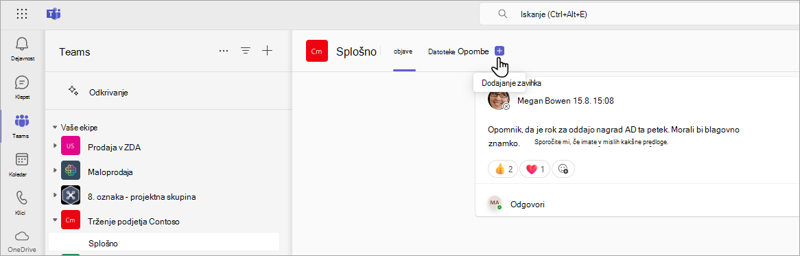Dodajanje novega zavihka v aplikaciji Teams z uporabo SharePointovega URL-ja.