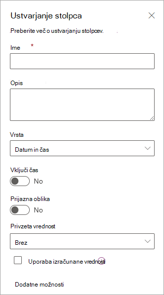 Posnetek zaslona podokna za ustvarjanje stolpca, ki ga lahko uporabite za dodajanje stolpcev na sezname.