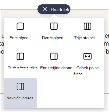 Vertical section highlighted in list of section types