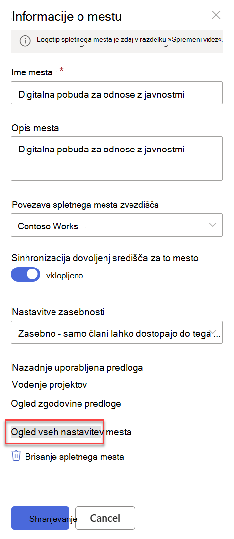Pogovorno okno Informacije o mestu.