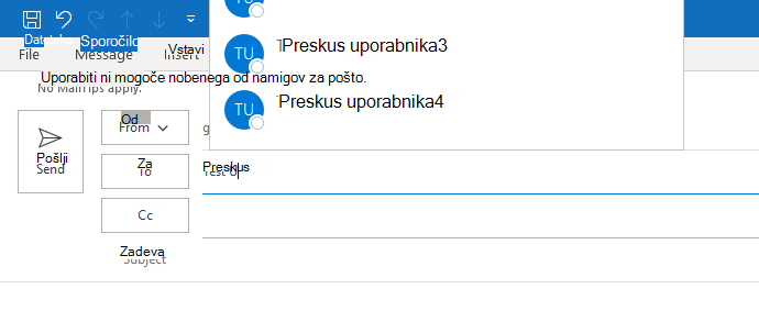 Slika prikaže samodokončanje za Outlook. Samodokončanje je le delno vidno.