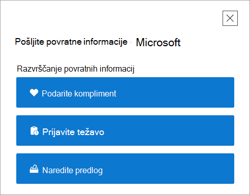 Stran za pošiljanje povratnih informacij na najvišji ravni v aplikaciji Pomočnik.