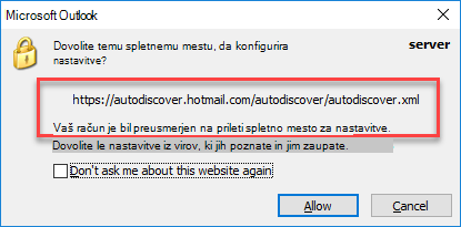 Preusmeritev za samodejno odkrivanje v Outlooku