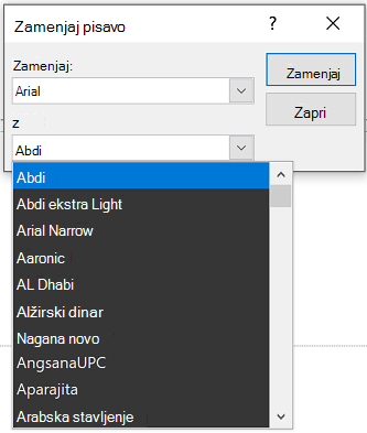 Slika pogovornega okna »Zamenjaj pisavo« v PowerPointu. Spustno polje Z je razširjeno.