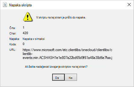 Posnetek zaslona sporočila o napaki: V skriptu na tej strani je prišlo do napake.