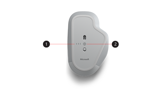 Slika spodnjega dela miške Surface Precision Mouse, ki kaže na gumb za seznanjanje in lučke za seznanjanje.
