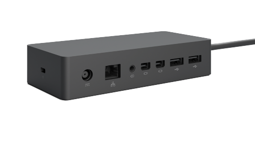 Prikazuje stran in hrbtno stran priklopne postaje Surface Dock z varnostnimi vrati, napajanjem, ethernetom, zvokom, mini vrati DisplayPort in USB-jem