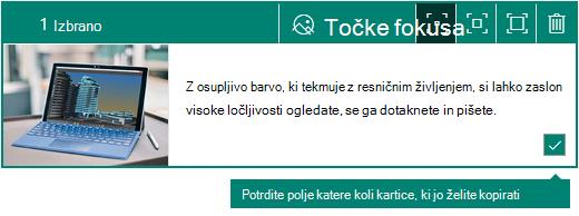 Potrditveno polje izbora v kotu Swayjeve kartice