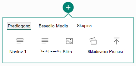 Posnetek zaslona z možnostjo za vstavljanje vsebine.