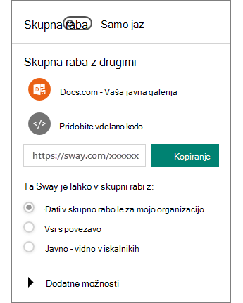 Posnetek zaslona podokna za skupno rabo Swayja