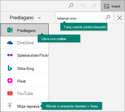 Razširjeni meni za iskanje vira.