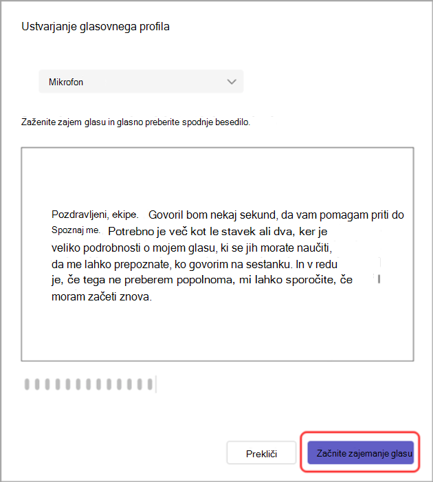 Posnetek zaslona pogovornega okna »Ustvarite svoj glasovni profil« z označenim gumbom za začetek zajema glasu.