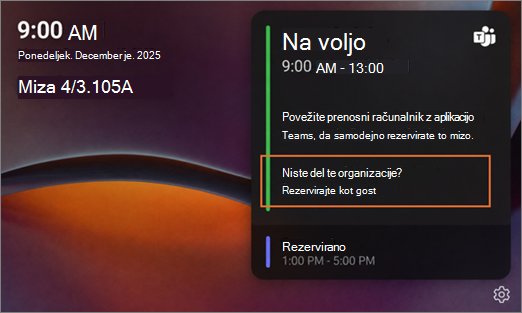 zaslon namiznega središča, ki prikazuje Rezervirano namesto imena, ker je gost 