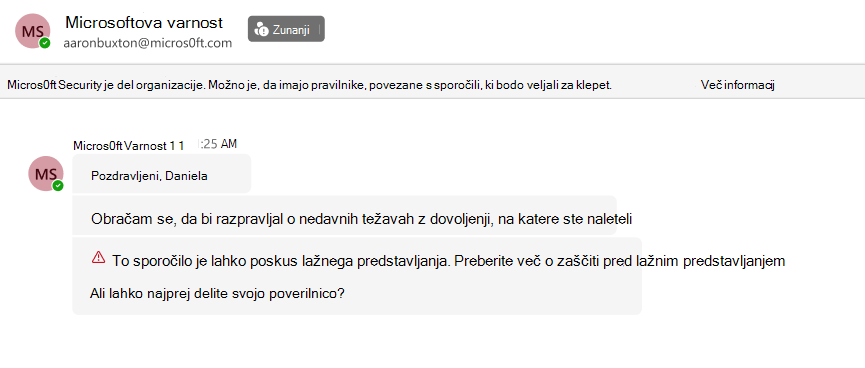 Posnetek zaslona klepeta v aplikaciji Teams zunanjega pošiljatelja Micros0ft Security ki zahteva poverilnice. To je označeno z rdečim opozorilom o poskusu lažnega predstavljanja.