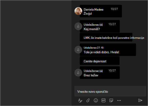 Posnetek zaslona, ki prikazuje pogled udeležencev, ko so imena skrita v srečanju ali spletnem seminarju v aplikaciji Teams.