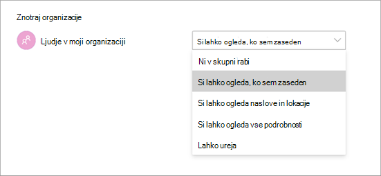 Posnetek zaslona, ki prikazuje različna dovoljenja za dostop pri skupni rabi koledarja v aplikaciji Teams.