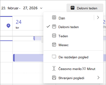 Posnetek zaslona spustnega menija, ki prikazuje različne poglede koledarja v aplikaciji Teams.