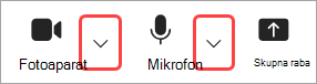 Označene slike Puščice spustnega seznama kamere in mikrofona v kontrolnikih srečanja v aplikaciji Teams.