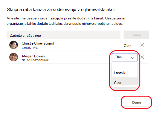 Posnetek zaslona, ki prikazuje, kako spremenite člana kanala v lastnika kanala